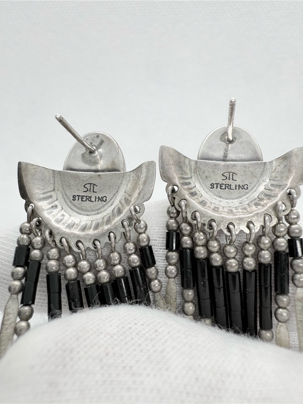 Vintage Southwestern Sterling Silver Black Onyx Fringe Dangle Statement Earrings - Picture 6 of 11